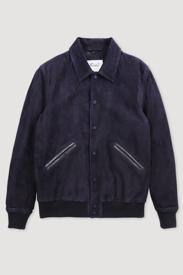 Padded Varsity jacket in suede with nappa leather details. - Dark blue