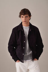 Padded Varsity jacket in suede with nappa leather details. - Dark blue