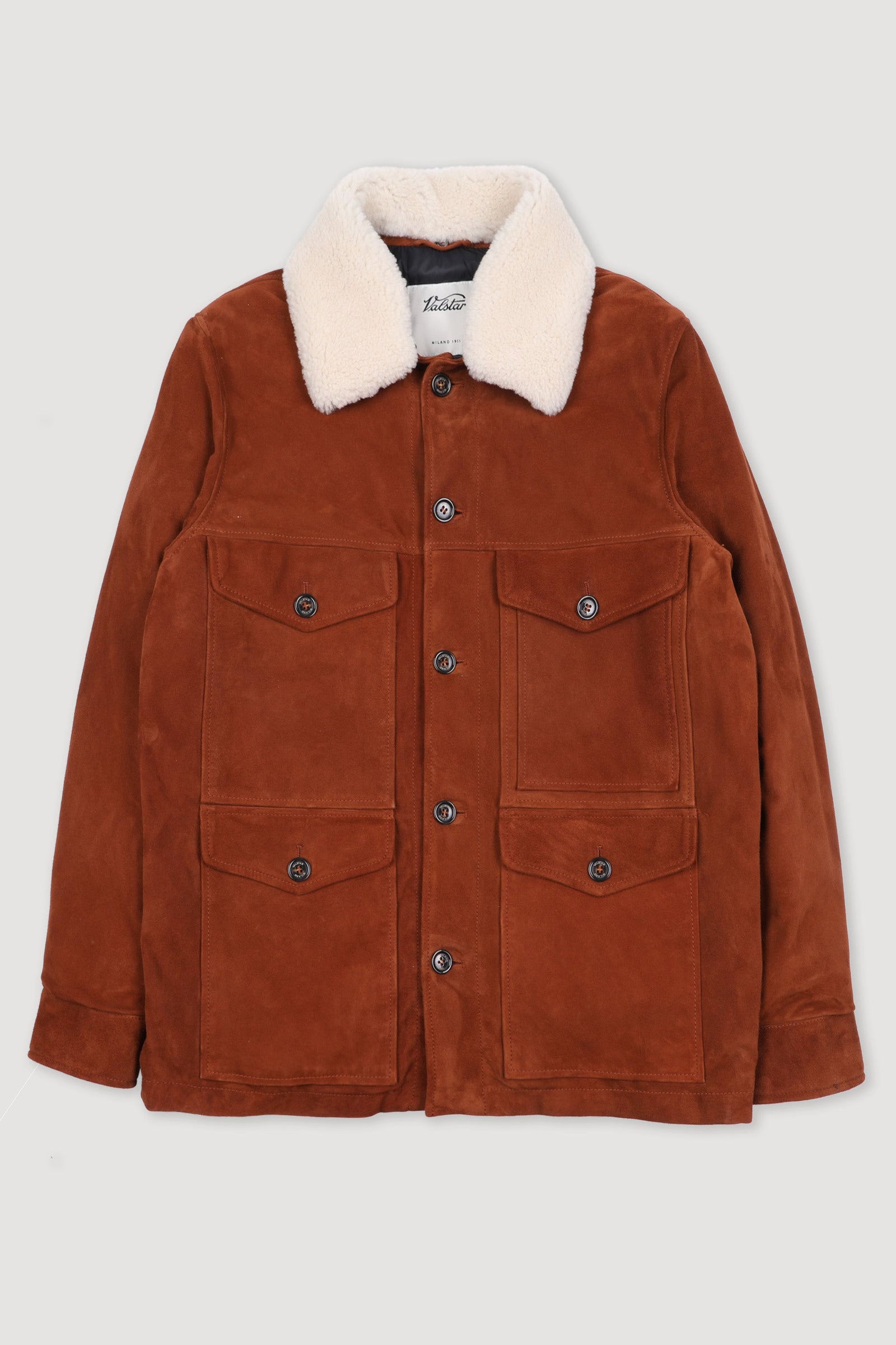 Goose Down Padded Field Jacket In Suede Leather With Shearling Collar Brown Brandy