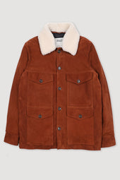 Goose down padded field jacket in suede leather with shearling collar. Brown - Brandy
