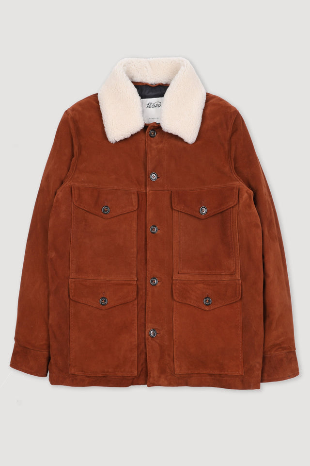 Goose down padded field jacket in suede leather with shearling collar. Brown - Brandy