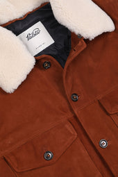 Goose down padded field jacket in suede leather with shearling collar. Brown - Brandy