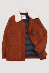 Goose down padded field jacket in suede leather with shearling collar. Brown - Brandy