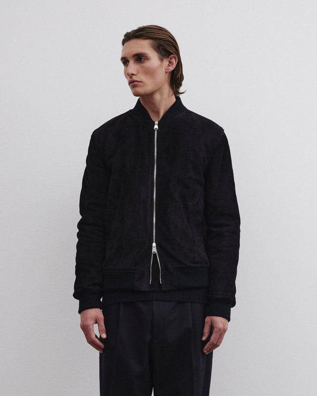Padded bomber jacket in suede leather - Dark blue