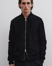 Padded bomber jacket in suede leather - Dark blue