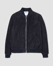 Padded bomber jacket in suede leather - Dark blue