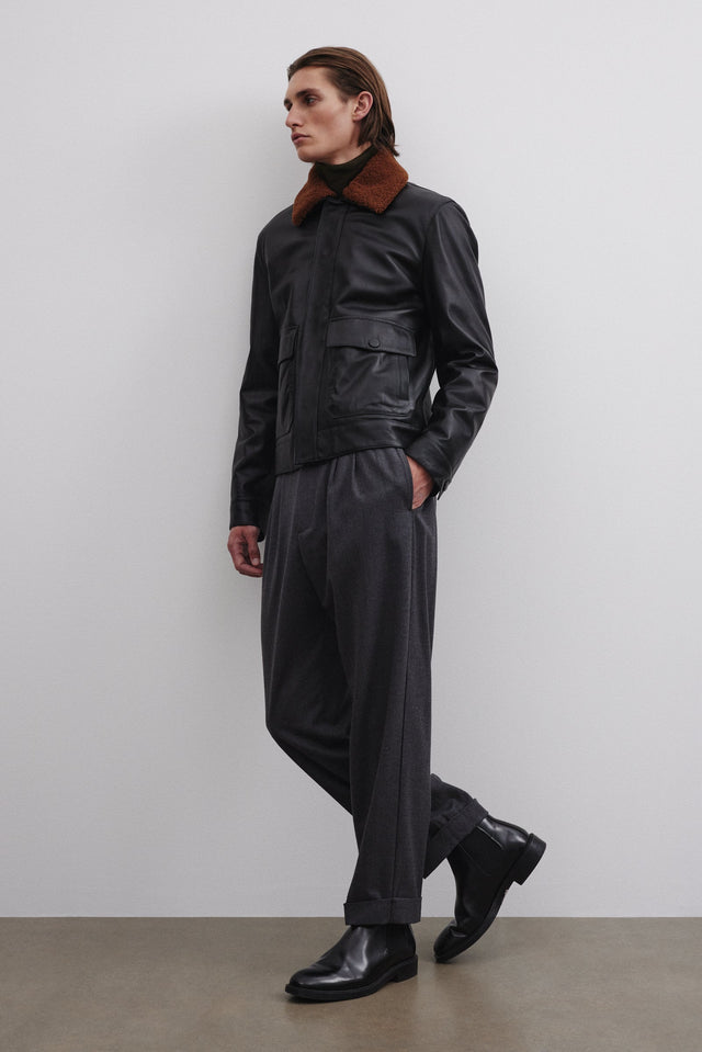 Tom padded bomber jacket in nappa with shearling collar. - Black