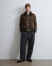Cudden goose down flight jacket in suede leather with shearling collar. Green - Muschio