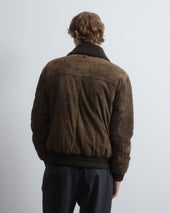 Cudden goose down flight jacket in suede leather with shearling collar. Green - Muschio