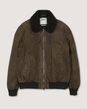 Cudden goose down flight jacket in suede leather with shearling collar. Green - Muschio
