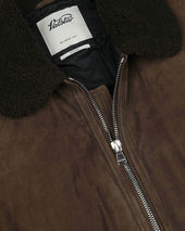 Cudden goose down flight jacket in suede leather with shearling collar. Green - Muschio
