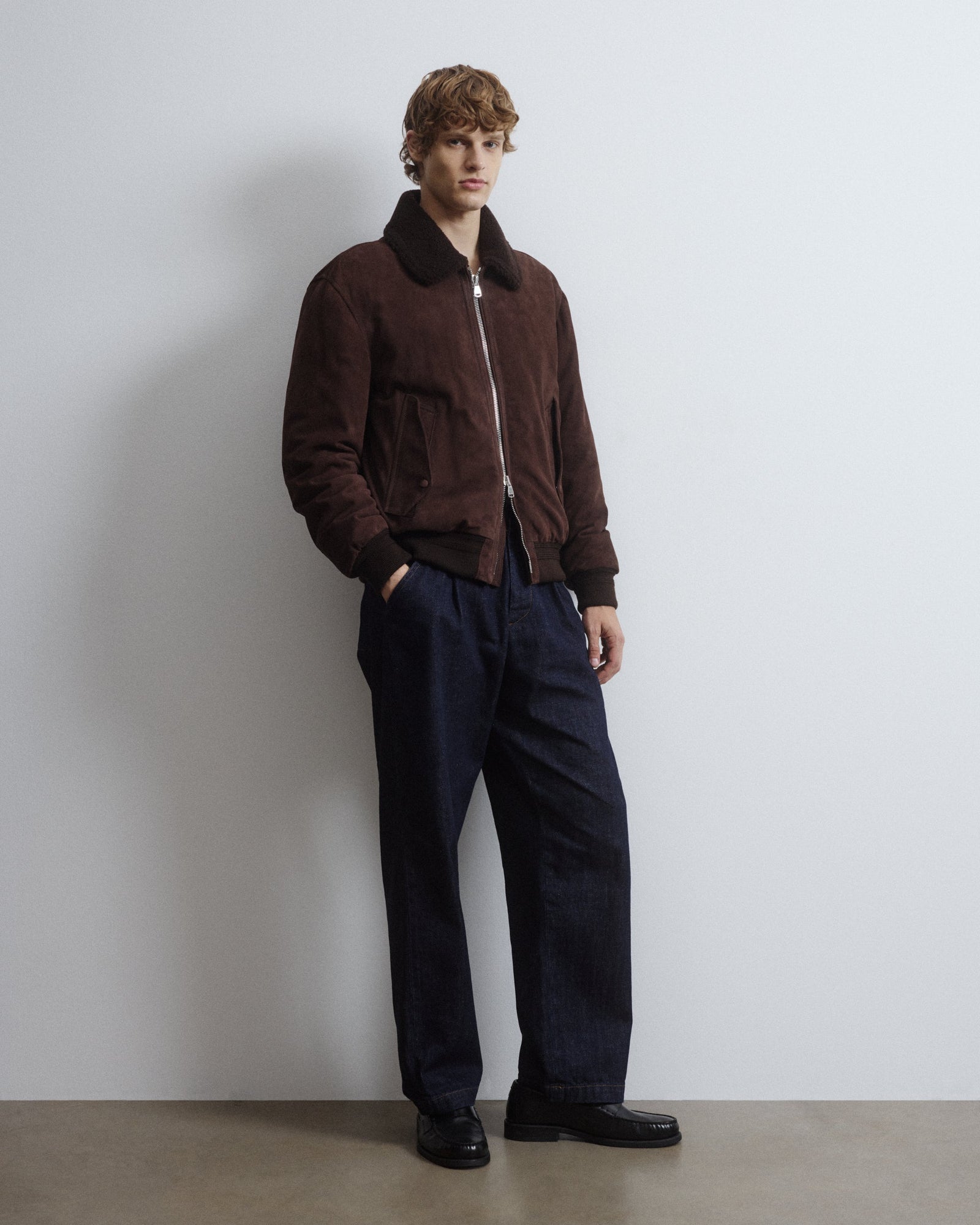 Cudden Goose Down Flight Jacket In Suede Leather With Shearling Collar Caff
