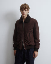 Cudden goose down flight jacket in suede leather with shearling collar. Brown - Caffè