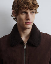 Cudden goose down flight jacket in suede leather with shearling collar. Brown - Caffè