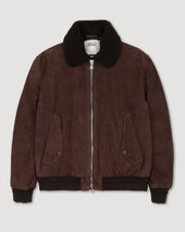 Cudden goose down flight jacket in suede leather with shearling collar. Brown - Caffè
