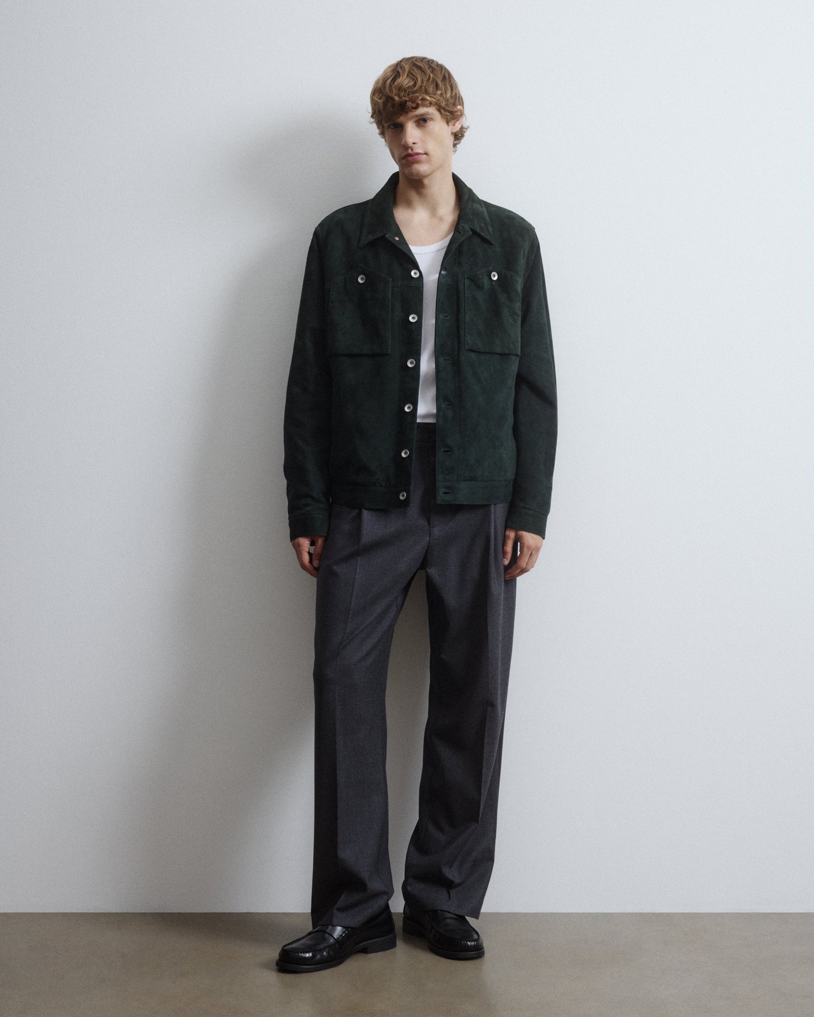 Roundy Padded Trucker Jacket In Suede Leather Green Verdone