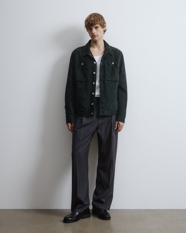 Roundy padded trucker jacket in suede leather. Green - Verdone