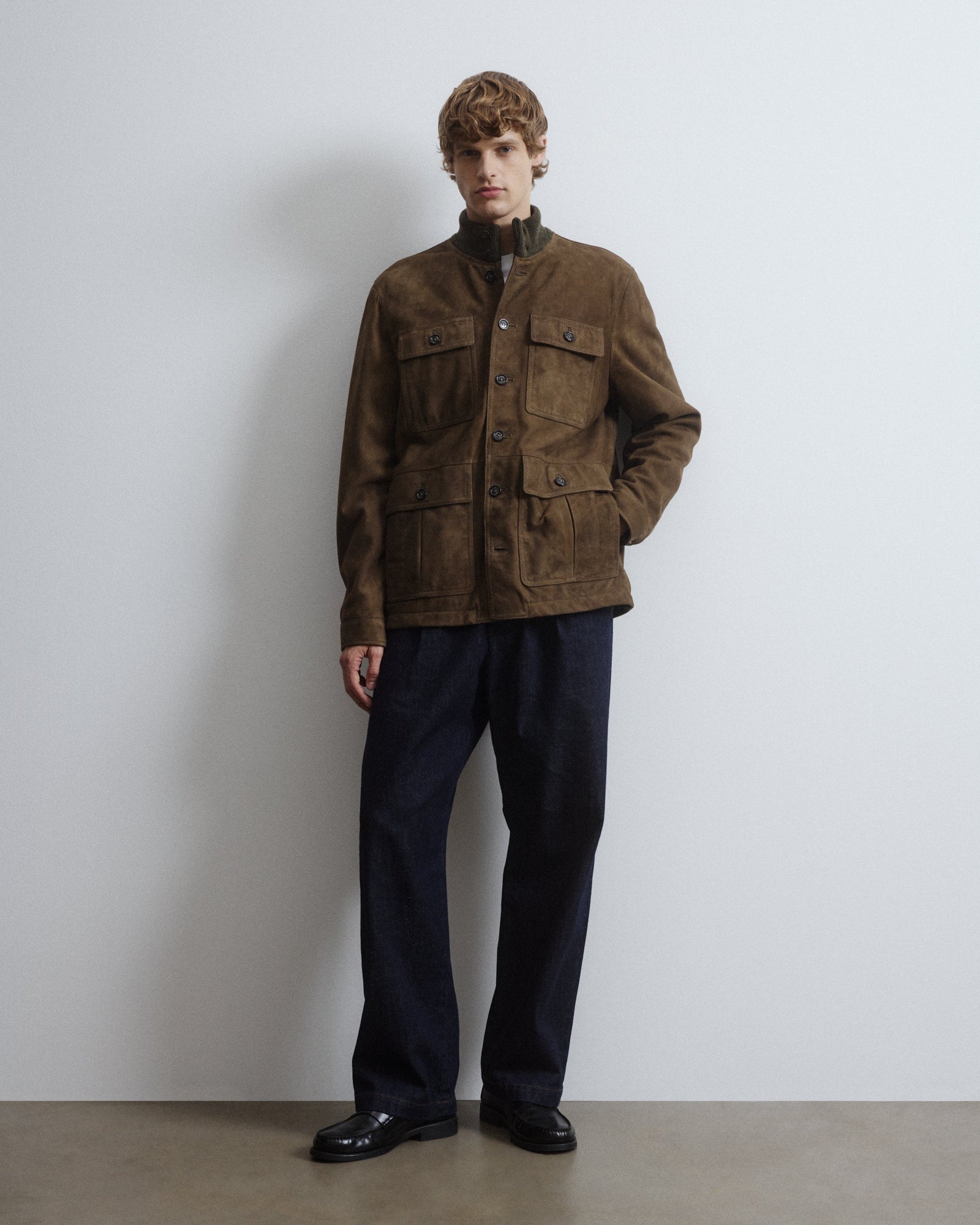 Brera Padded Field Jacket In Suede Leather With A Knitted Collar Green Muschio