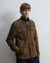 Brera padded field jacket in suede leather with a knitted collar. Green - Muschio