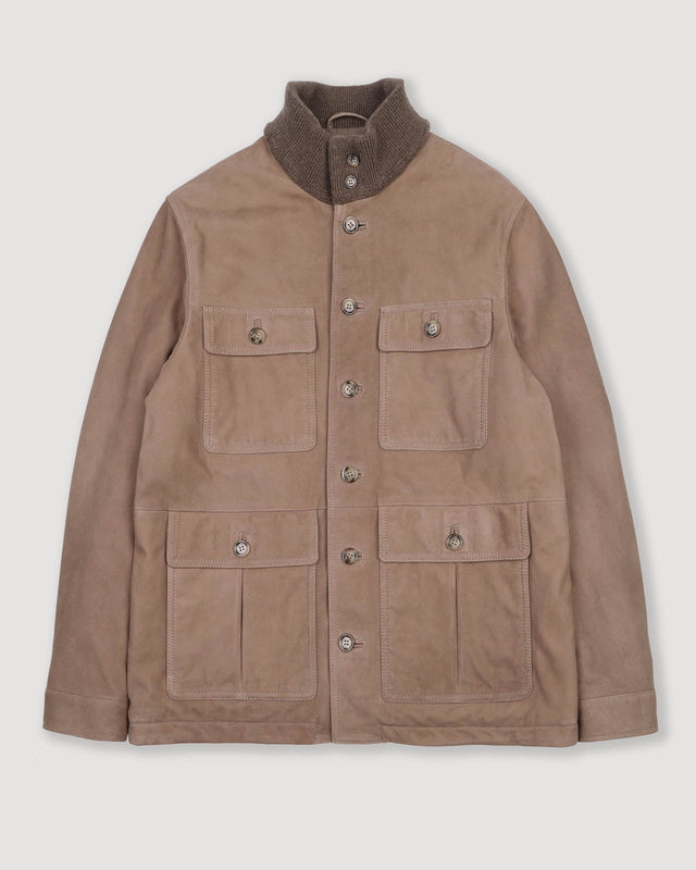 Brera padded field jacket in suede leather with a knitted collar. Brown - Grege