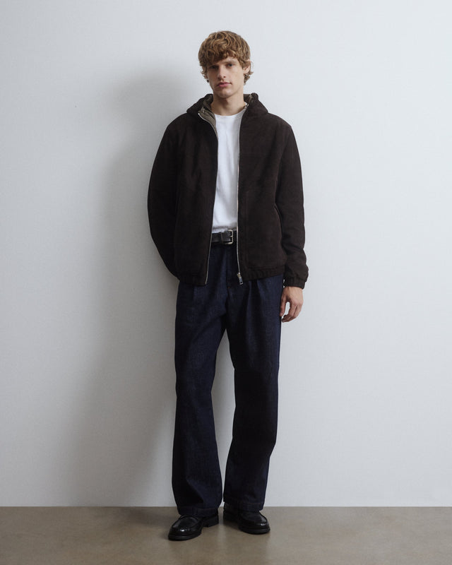 Coyle reversible hooded jacket in suede leather and waterproof fabric. Brown - Ebano/Military