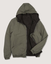 Coyle reversible hooded jacket in suede leather and waterproof fabric. Brown - Ebano/Military