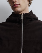 Coyle reversible hooded jacket in suede leather and waterproof fabric. Brown - Ebano/Military