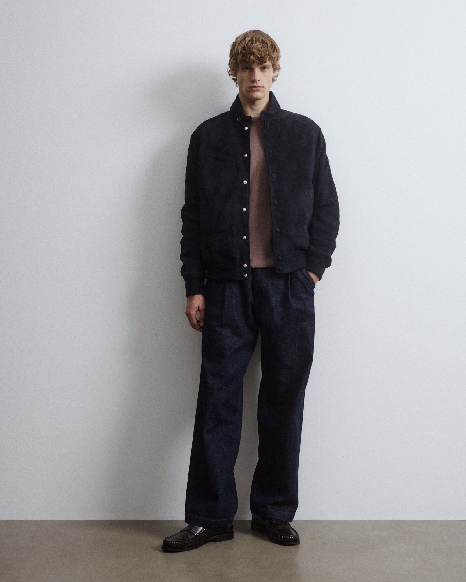 Voyd Padded Bomber Jacket In Suede Leather Blue Dark Blue