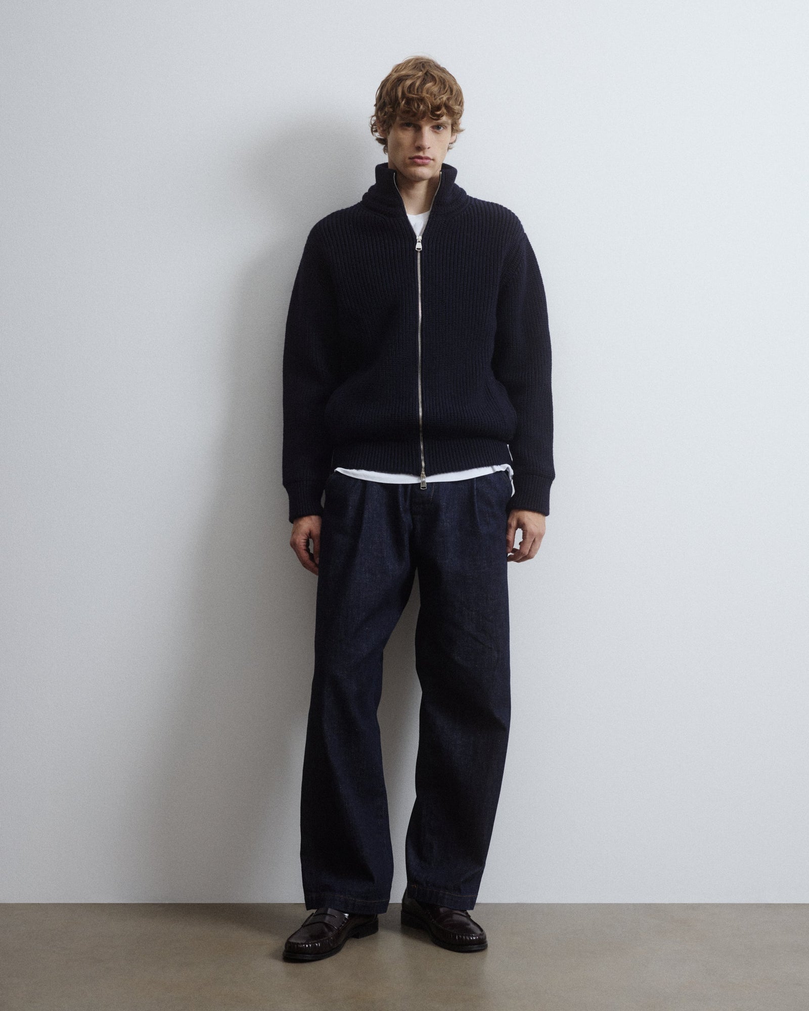 Full Zip Knitted Camionaire Jacket In Pure Virgin Wool Crafted In A Half English Rib Stitch And Fully Lined Blue