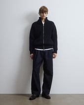 Full-zip knitted Camionaire jacket in pure virgin wool, crafted in a half English rib stitch and fully lined. Blue - Navy