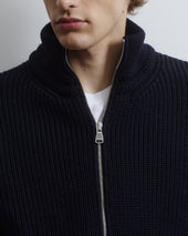 Full-zip knitted Camionaire jacket in pure virgin wool, crafted in a half English rib stitch and fully lined. Blue - Navy