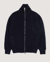 Full-zip knitted Camionaire jacket in pure virgin wool, crafted in a half English rib stitch and fully lined. Blue - Navy