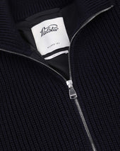 Full-zip knitted Camionaire jacket in pure virgin wool, crafted in a half English rib stitch and fully lined. Blue - Navy