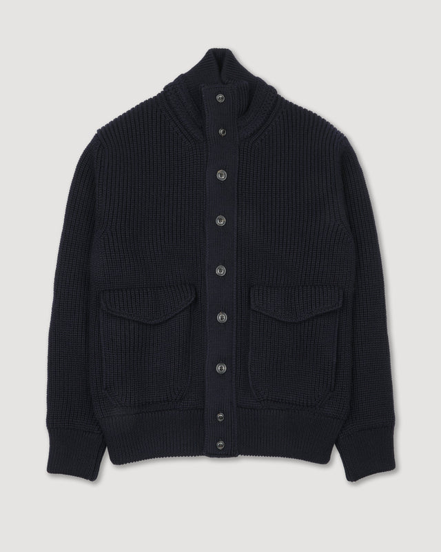 Knitted Valstarino jacket in pure virgin wool, crafted in a half English rib stitch and fully lined. Blue - Navy