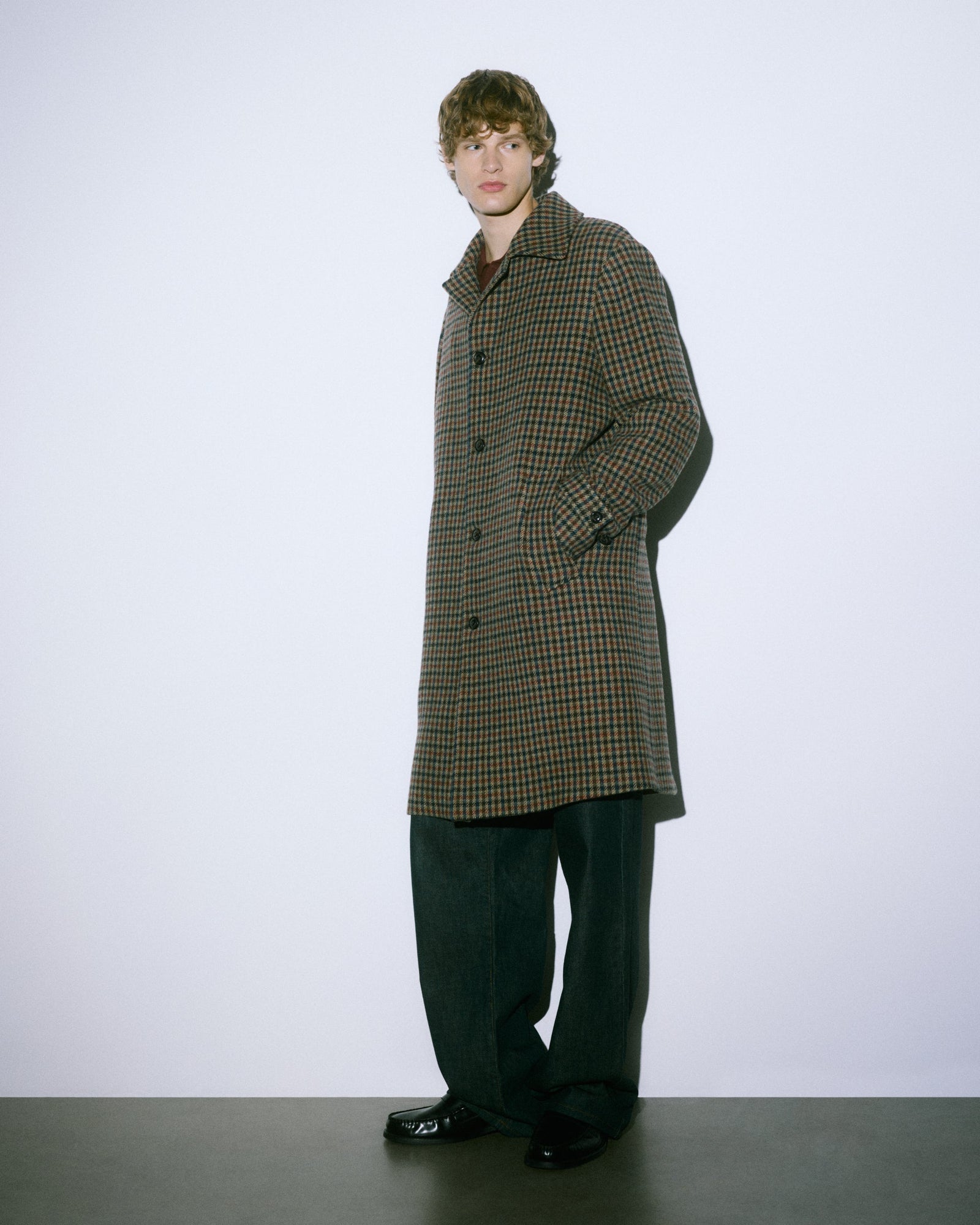 Marcello Coat In Check Virgin Wool Fabric Lined Cammello Bluette Marrone