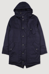 Technical parka jacket in virgin wool flannel. Blue - Navy