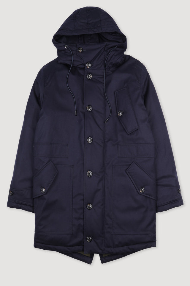 Technical parka jacket in virgin wool flannel. Blue - Navy