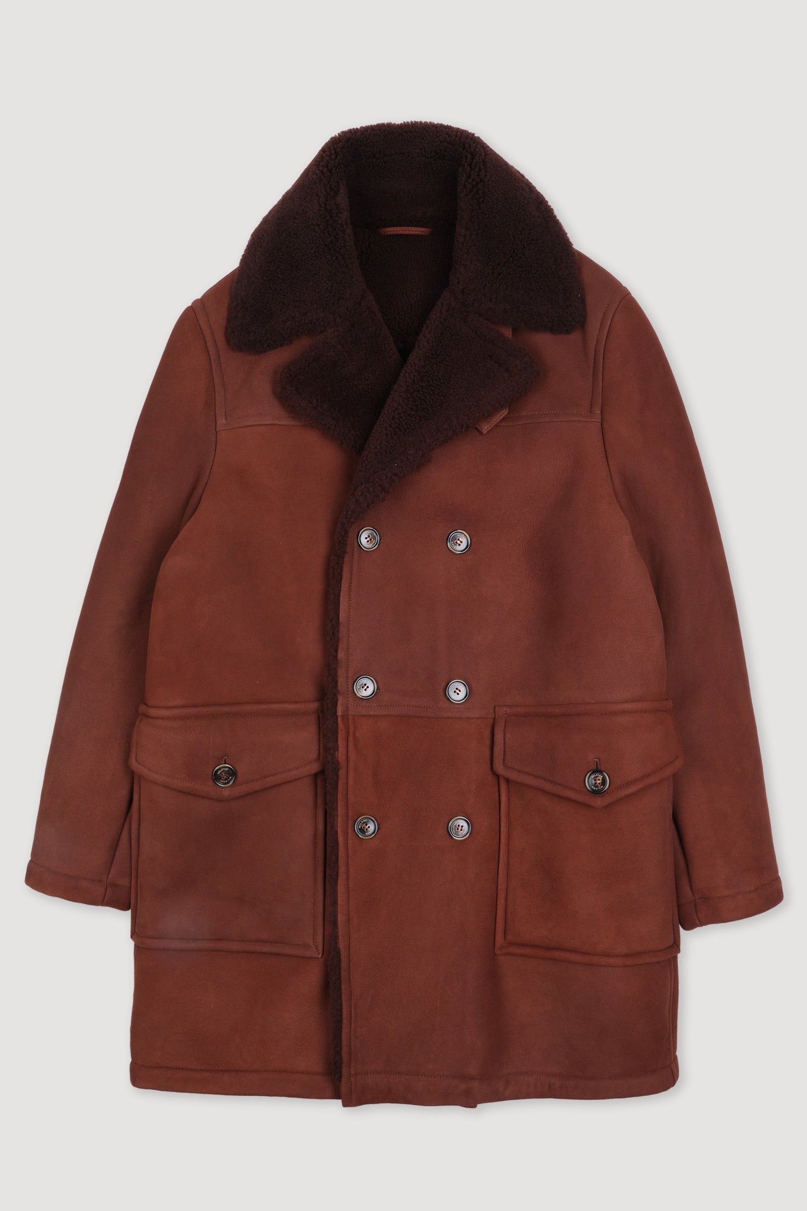 Shearling Suede Double Breasted Coat Brown Burnt Red Brown
