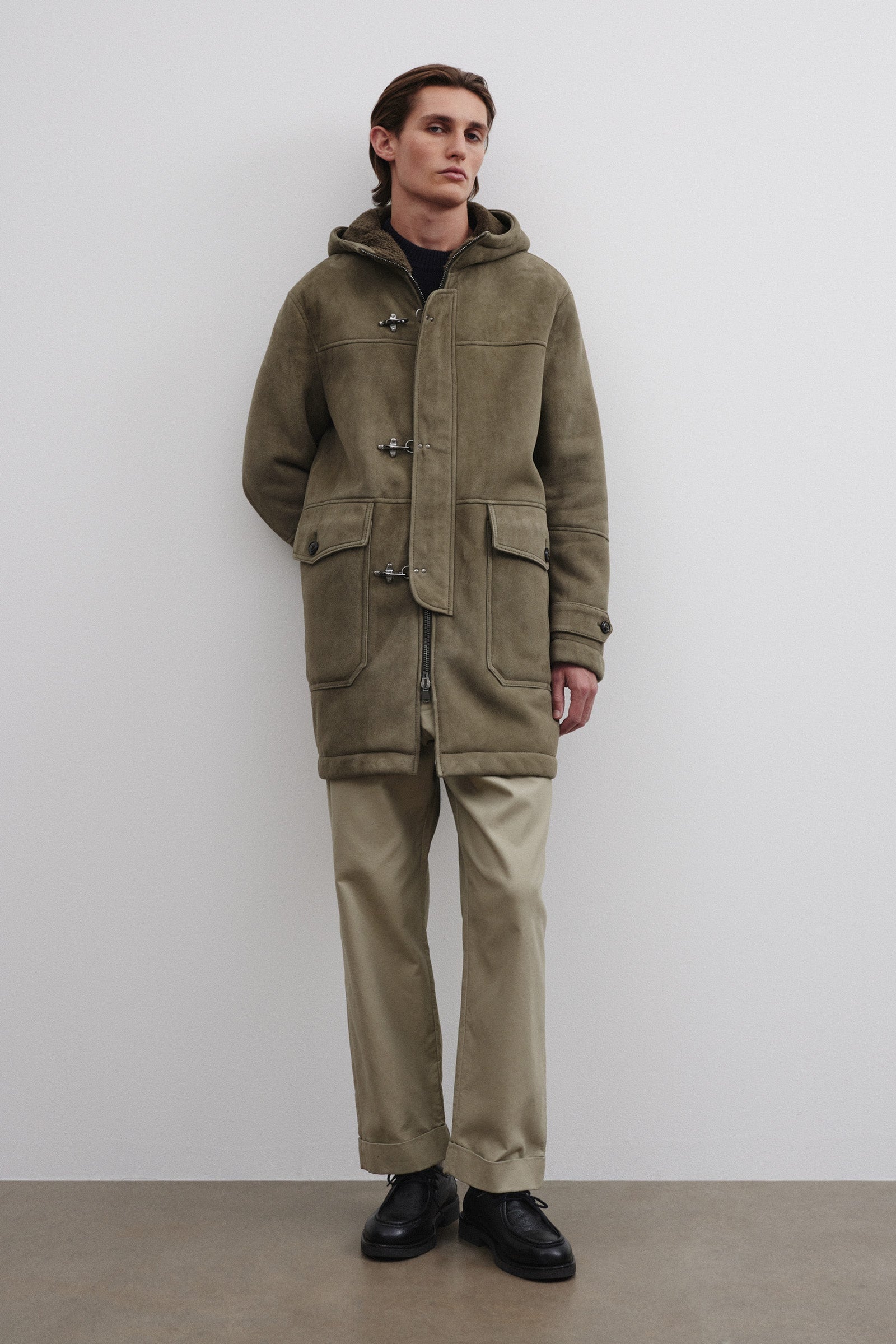 Fireman Parka In Shearling Suede Green Fatigue Green