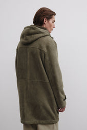 Fireman parka in shearling suede. Green - Fatigue green