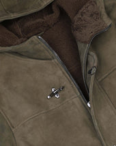 Fireman parka in shearling suede. Green - Fatigue green