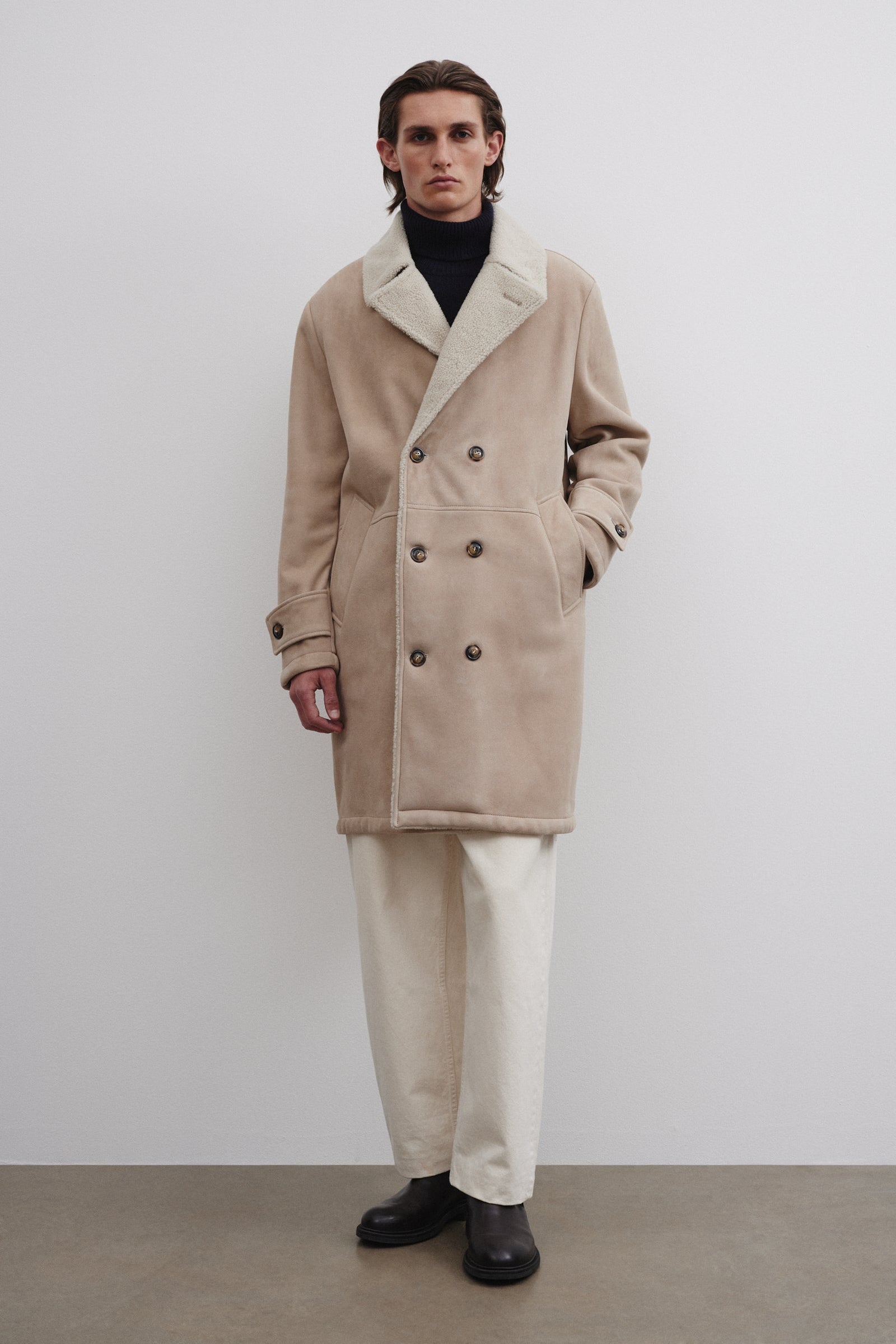 Charles Shearling Suede Double Breasted Coat Beige Frumento