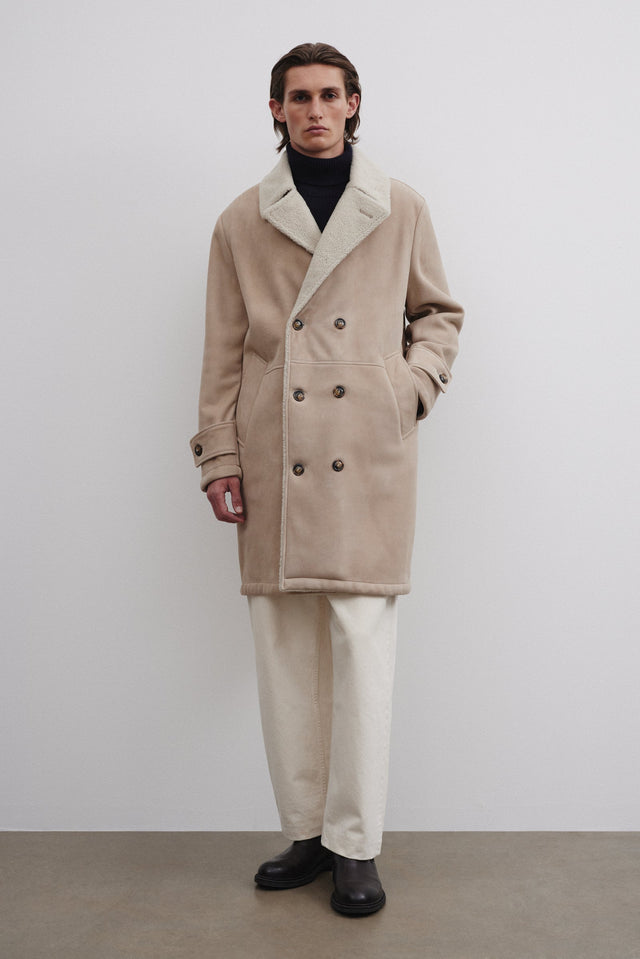 Charles shearling suede double-breasted coat. Beige - Frumento