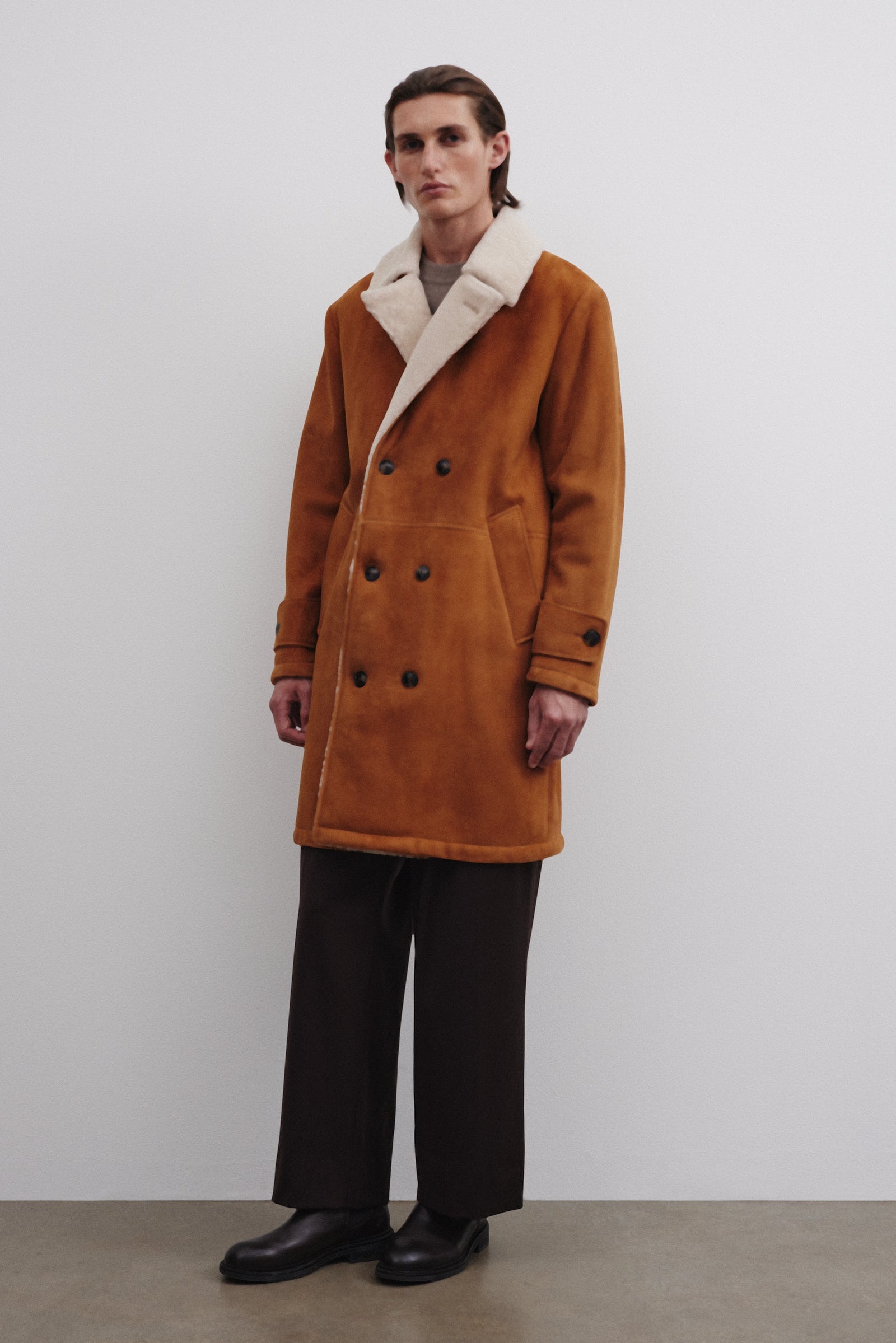 Charles Shearling Suede Double Breasted Coat Brown Sandal Beige