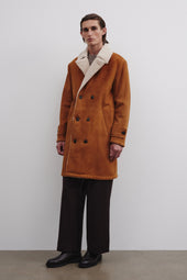 Charles shearling suede double-breasted coat. Brown - Sandal/Beige
