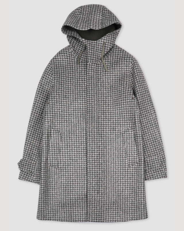 Pied-de-poule hooded parka in technical wool jersey. Multicolor - Beige/Green