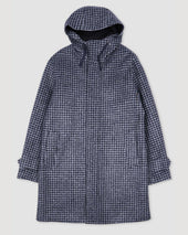 Pied-de-poule hooded parka in technical wool jersey. Multicolor - Navy/Grey