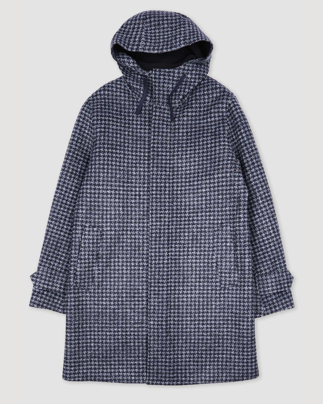 Pied-de-poule hooded parka in technical wool jersey. Multicolor - Navy/Grey