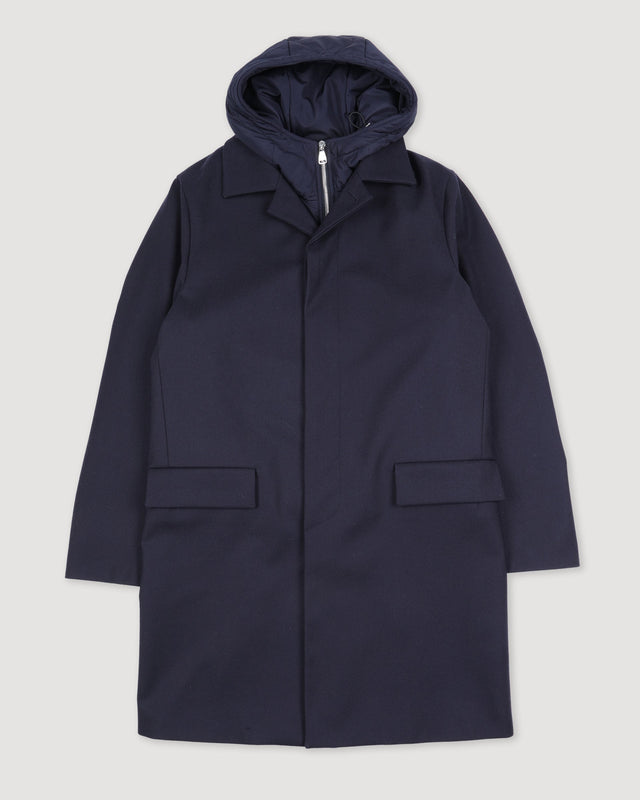 Trench coat in a 3-layer wool flannel with detachable quilted vest. Blue - Navy