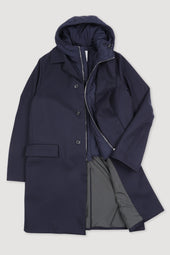 Trench coat in a 3-layer wool flannel with detachable quilted vest. Blue - Navy